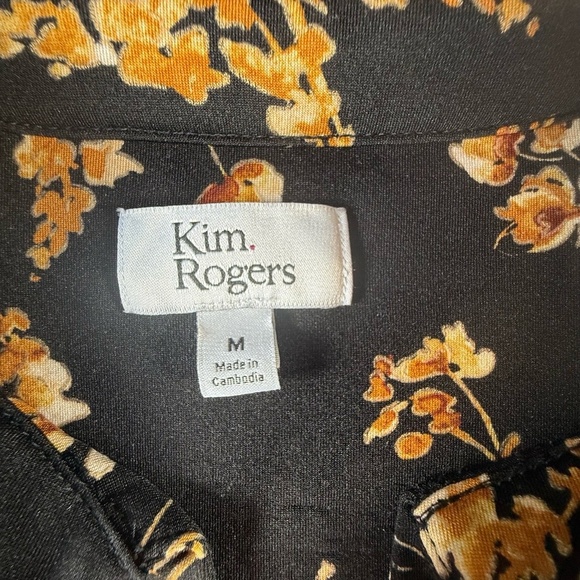 Kim Rogers Blouse Womens Size Medium Black Floral V-Neck 3/4 Sleeve Fall Easy - Picture 3 of 4